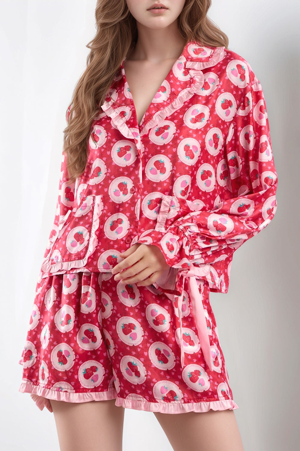 Valentine’s Day Frill Strawberry Print Flounce Sleeve Top and Shorts Lounge Set