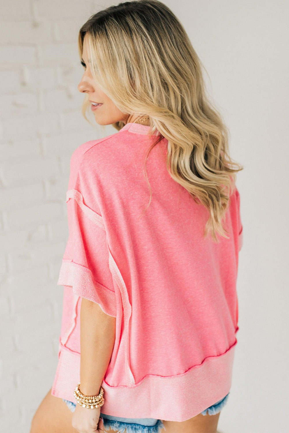 Hazel Blues® |  Peach Blossom Raw Seam Patchwork GAME DAY Letter Graphic Loose Tee