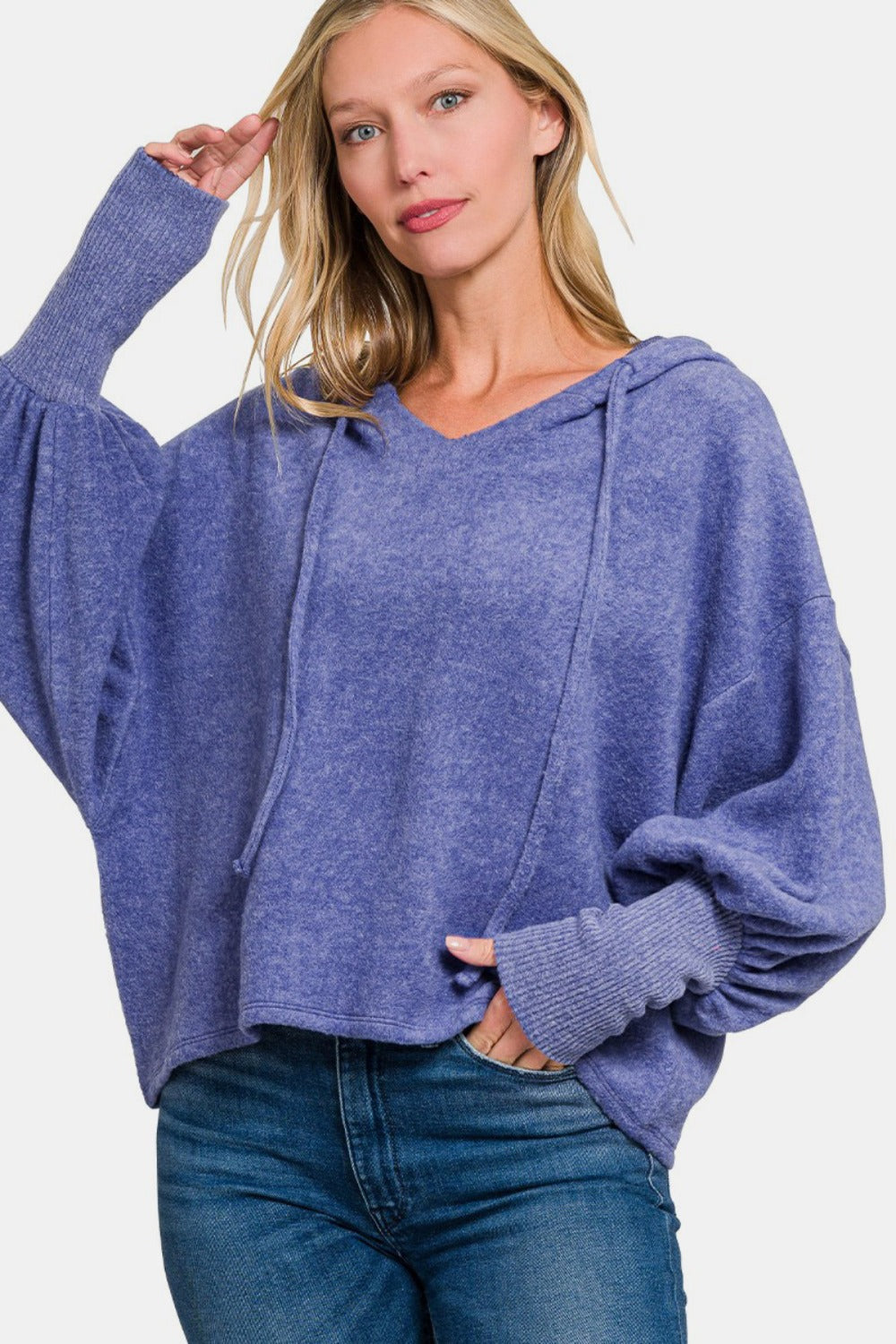 Hazel Blues® |  Zenana Brushed Hacci Drop Shoulder Cropped Hoodie