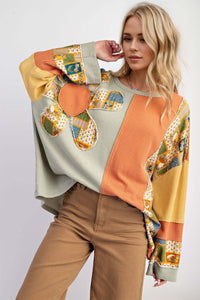 Waffle-Knit Color Block Long Sleeve Sweatshirt