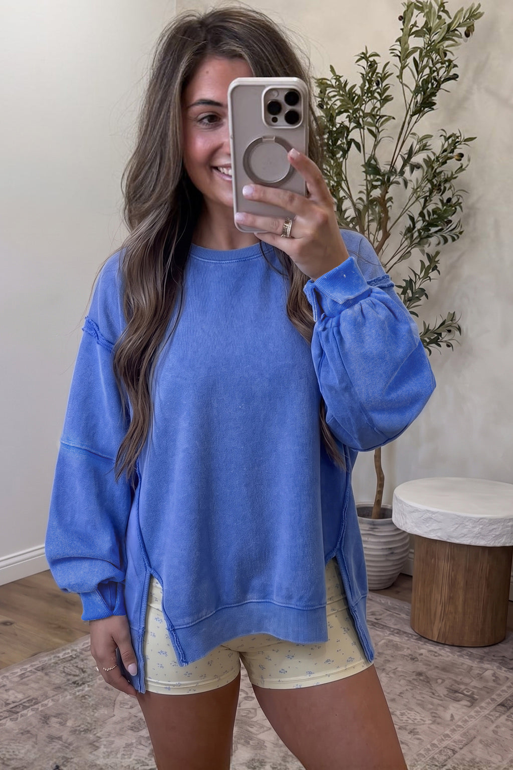 Amelia Hope Sky Blue Mineral Wash Split Hem Loose Tunic Sweatshirt