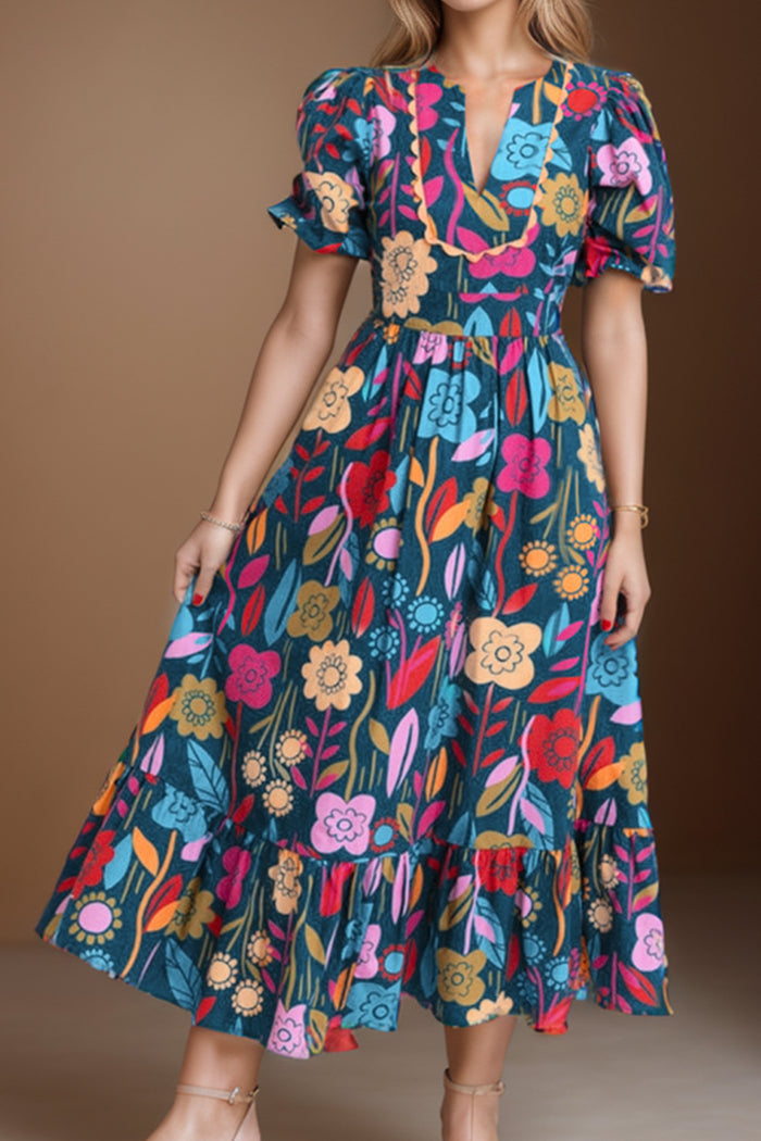 Hazel Blues® |  Printed Notched Puff Sleeve Midi Dress