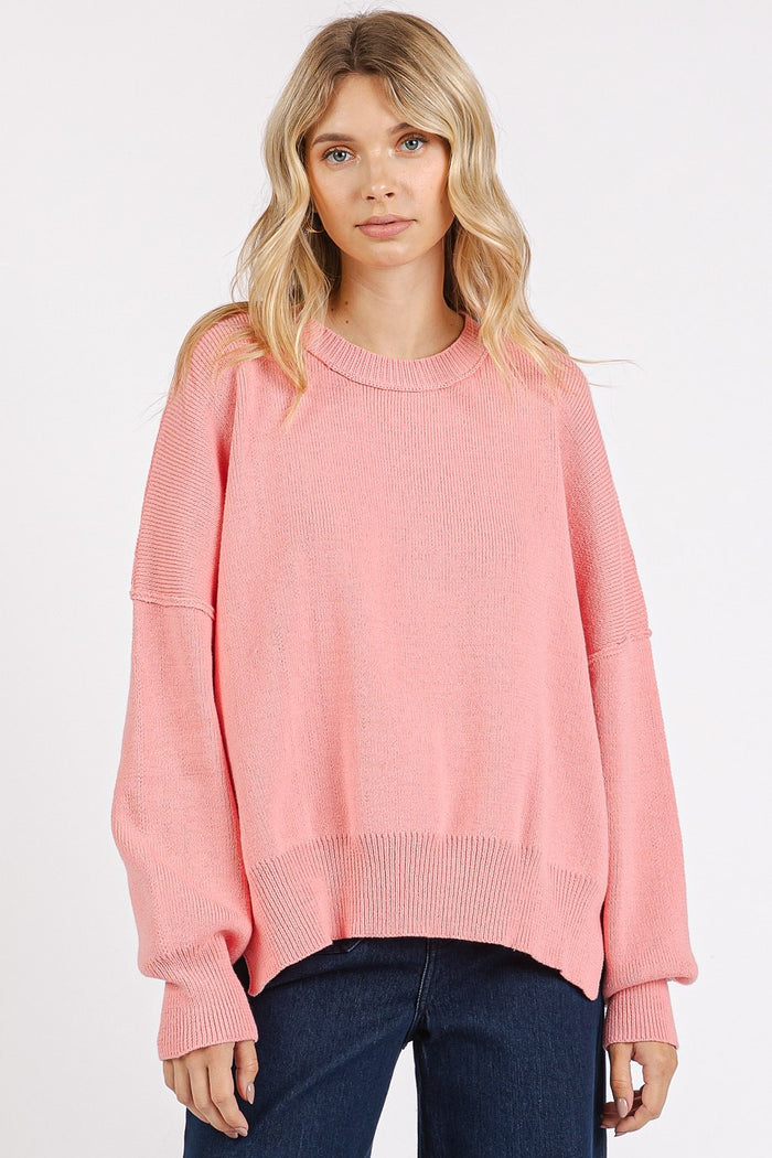 Hazel Blues® |  Mittoshop Side Slit Round Neck Drop Shoulder Sweater