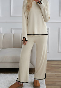 Hazel Blues® |  Contrast Trim Round Neck Top and Pants Sweater Set