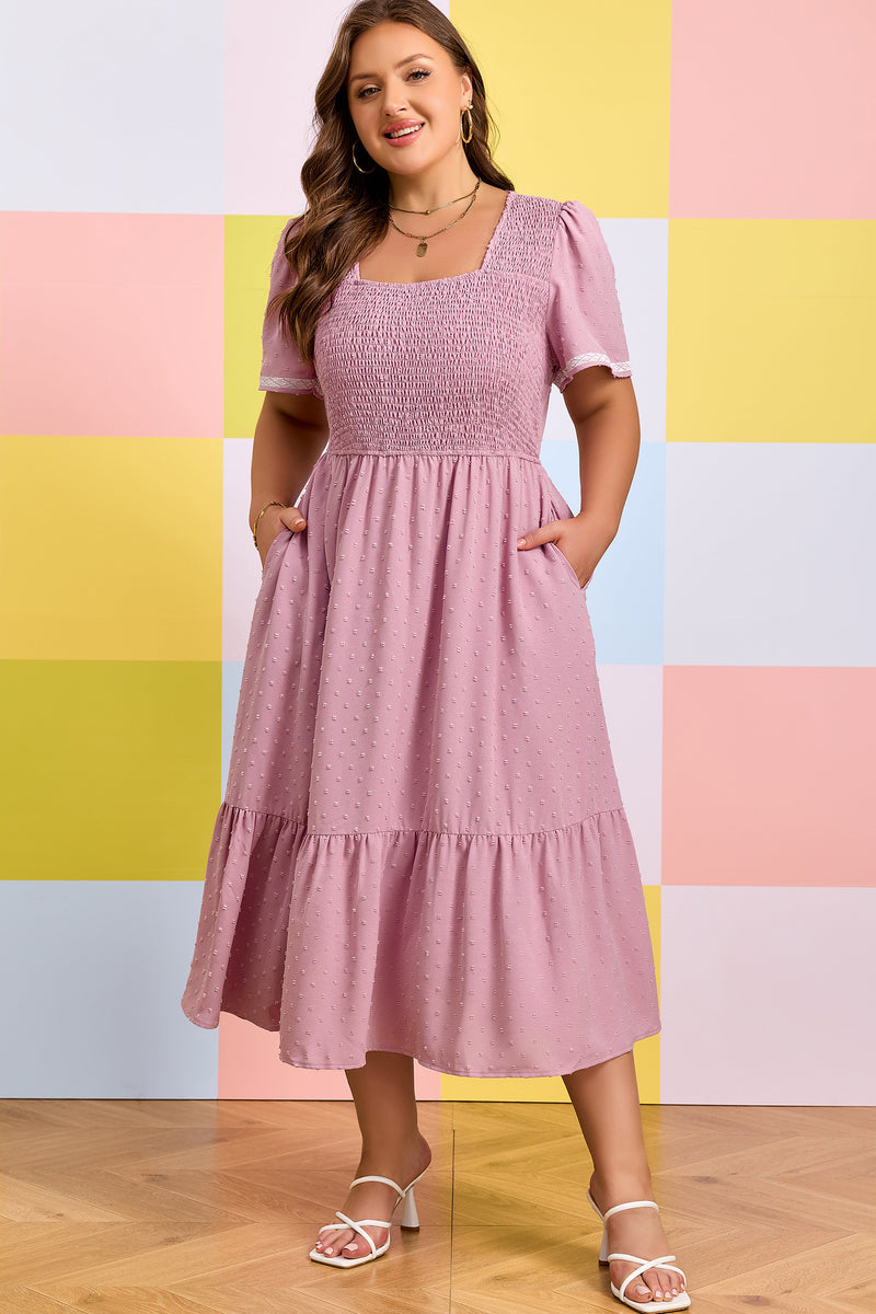 Pink Plus Size Swiss Dot Short Sleeve Smocked High Waist Flowy Midi Dress – Hazel Blues®