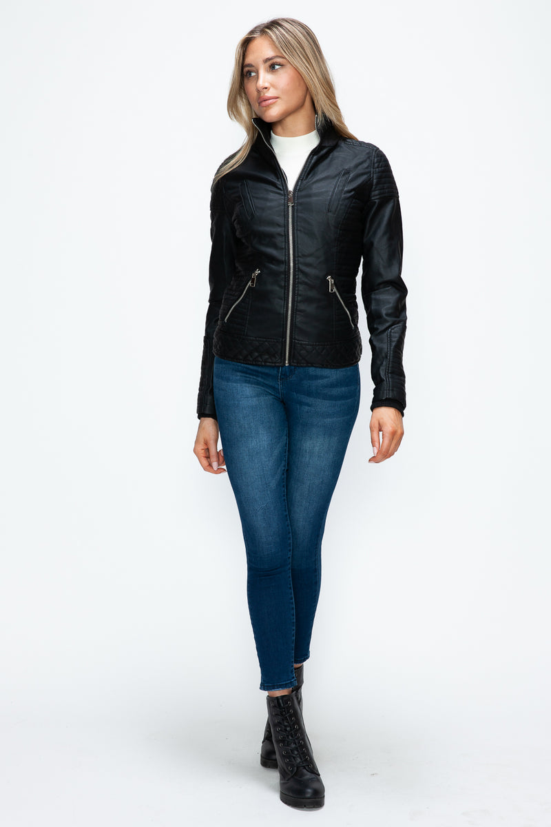 Hazel Blues® |  YMI Faux Layered Double-Zipper Jacket with Fuzzy Hood