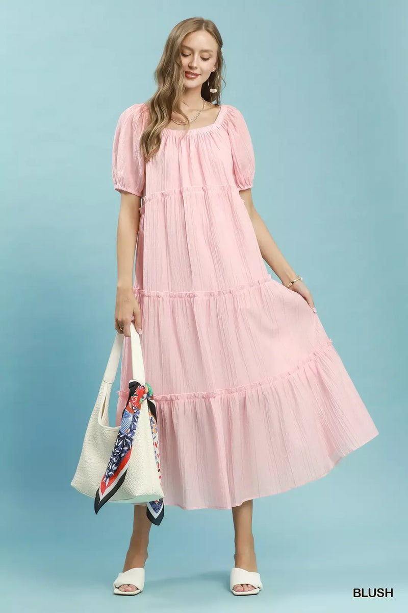 umgee tiered midi dress Umgee 100% Polyester Textured Ruffle Sleeve Tiered Pocketed Lined Flowy Midi Dress S M L