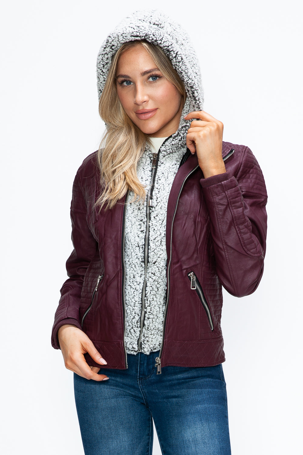 Hazel Blues® |  YMI Faux Layered Double-Zipper Jacket with Fuzzy Hood