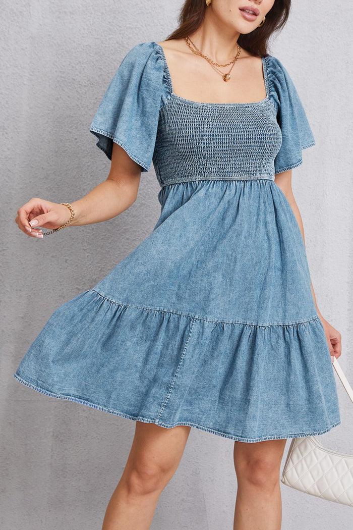 Hazel Blues® |  Smocked Square Neck Mini Denim Dress