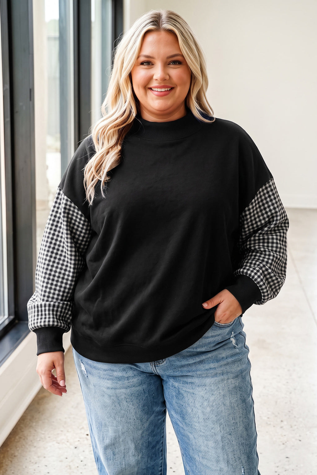 Black Plaid-Sleeve Color-Block Sweatshirt
