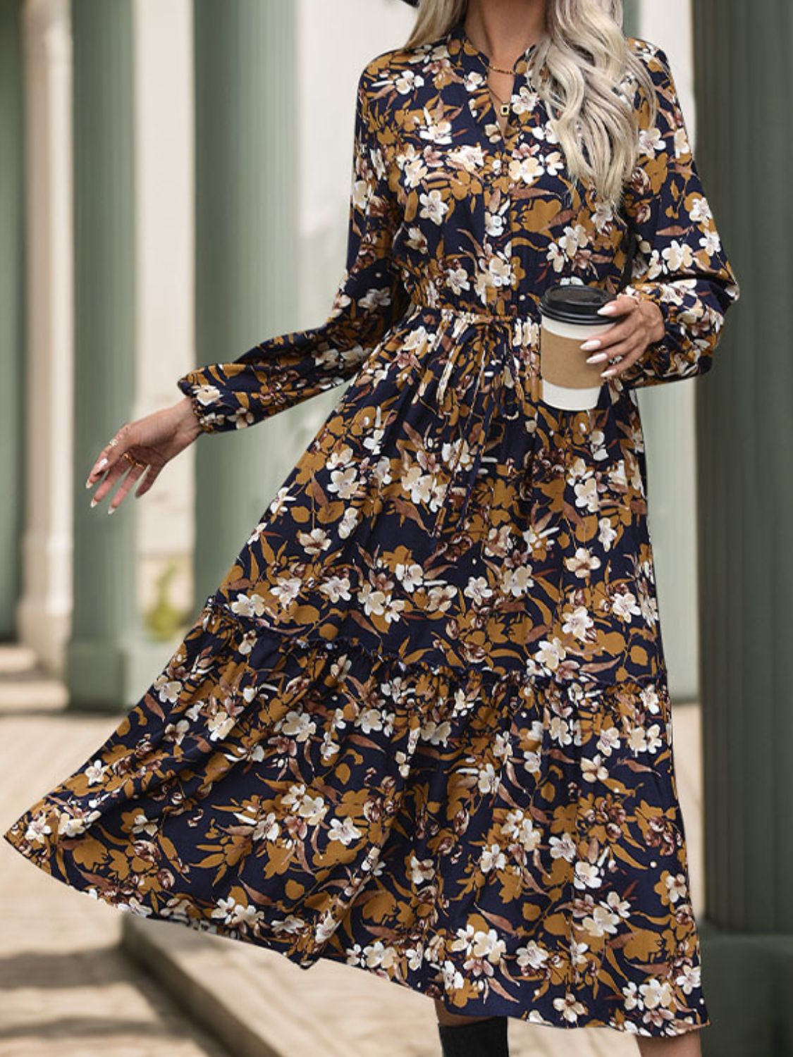 Hazel Blues® |  Perfee Printed Notched Long Sleeve Midi Dress