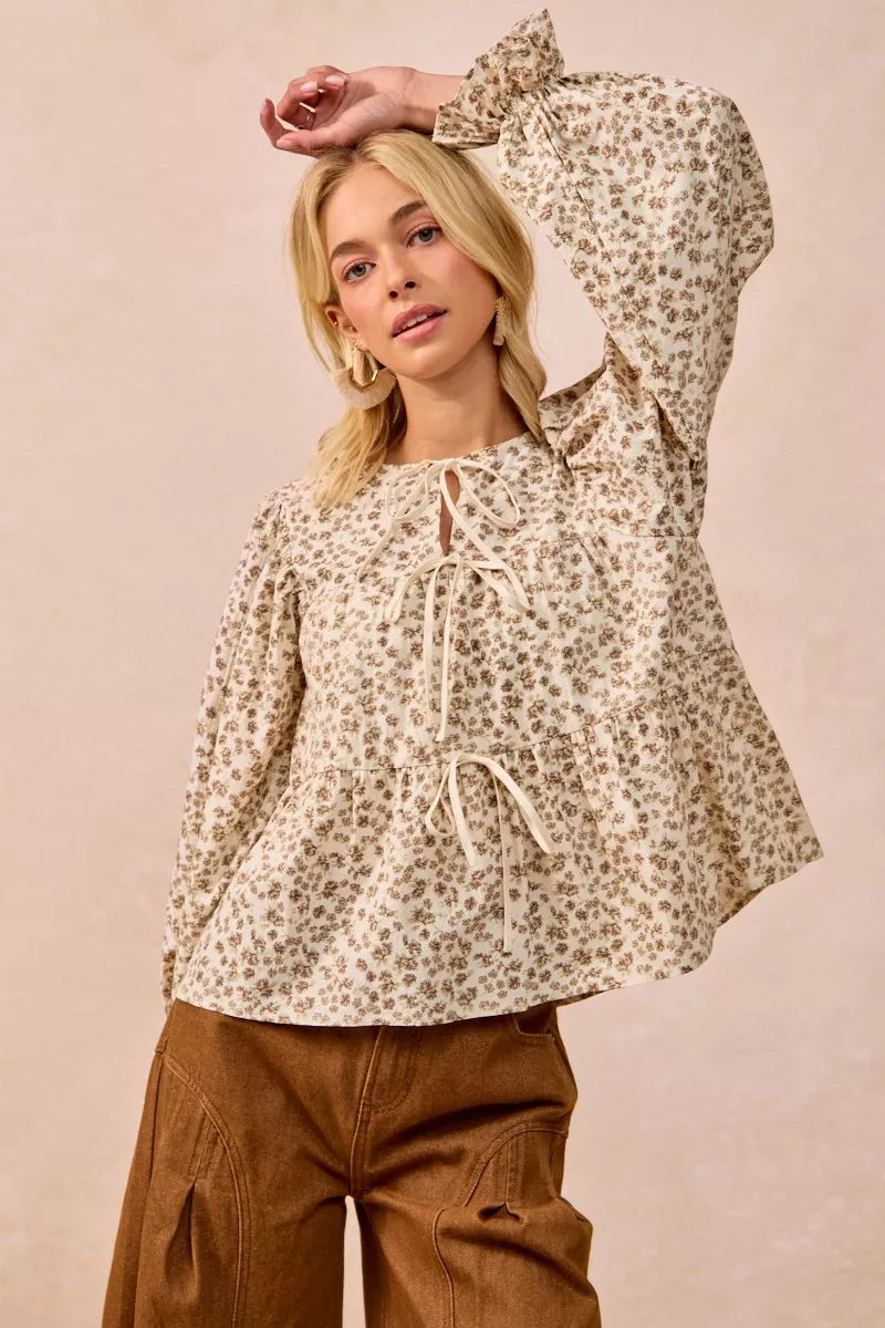 【正規品】bibiy BEMILYFLOWERBLOUSE⭐️ BiBi Floral Printed Peplum Blouse with Shirring and Tied