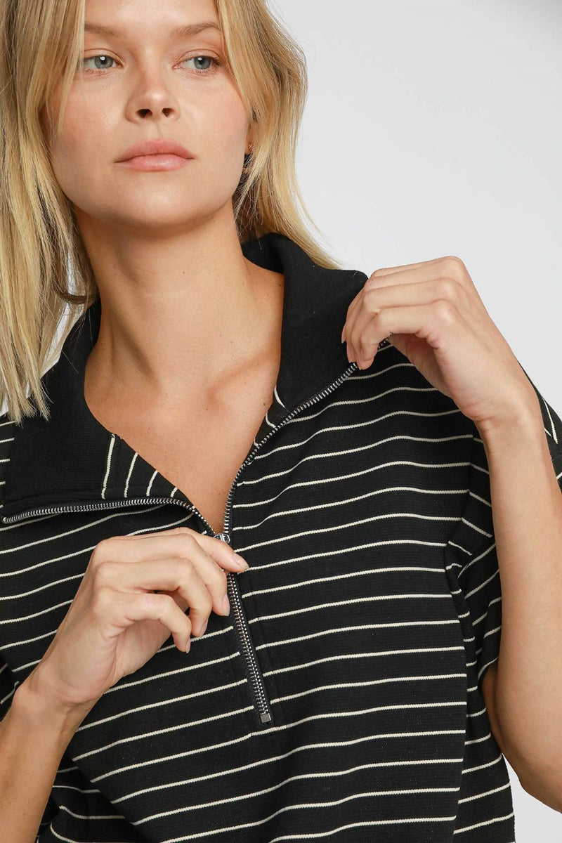 Hazel Blues® |  Umgee Striped Half Zip Short Sleeve Sweatshirt