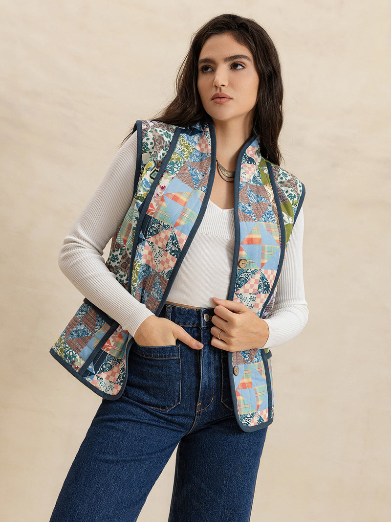 Hazel Blues® |  Printed Patchwork Contrast Piping Vest