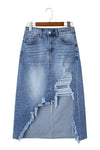 Hazel Blues® |  Myosotis Irregular Distressed Bottom Denim Midi Skirt