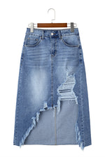 Hazel Blues® |  Myosotis Irregular Distressed Bottom Denim Midi Skirt