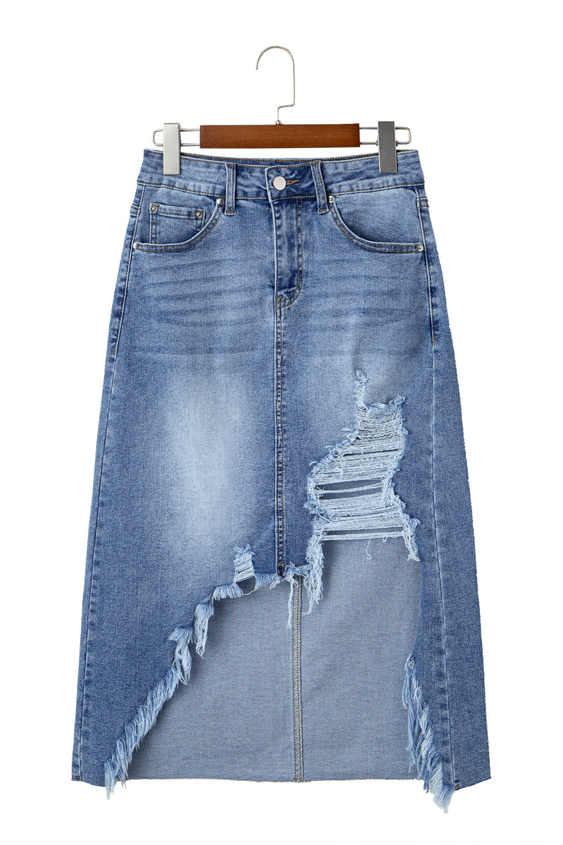 Hazel Blues® |  Myosotis Irregular Distressed Bottom Denim Midi Skirt