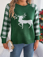 Hazel Blues® |  Reindeer Plaid Round Neck Long Sleeve Sweater
