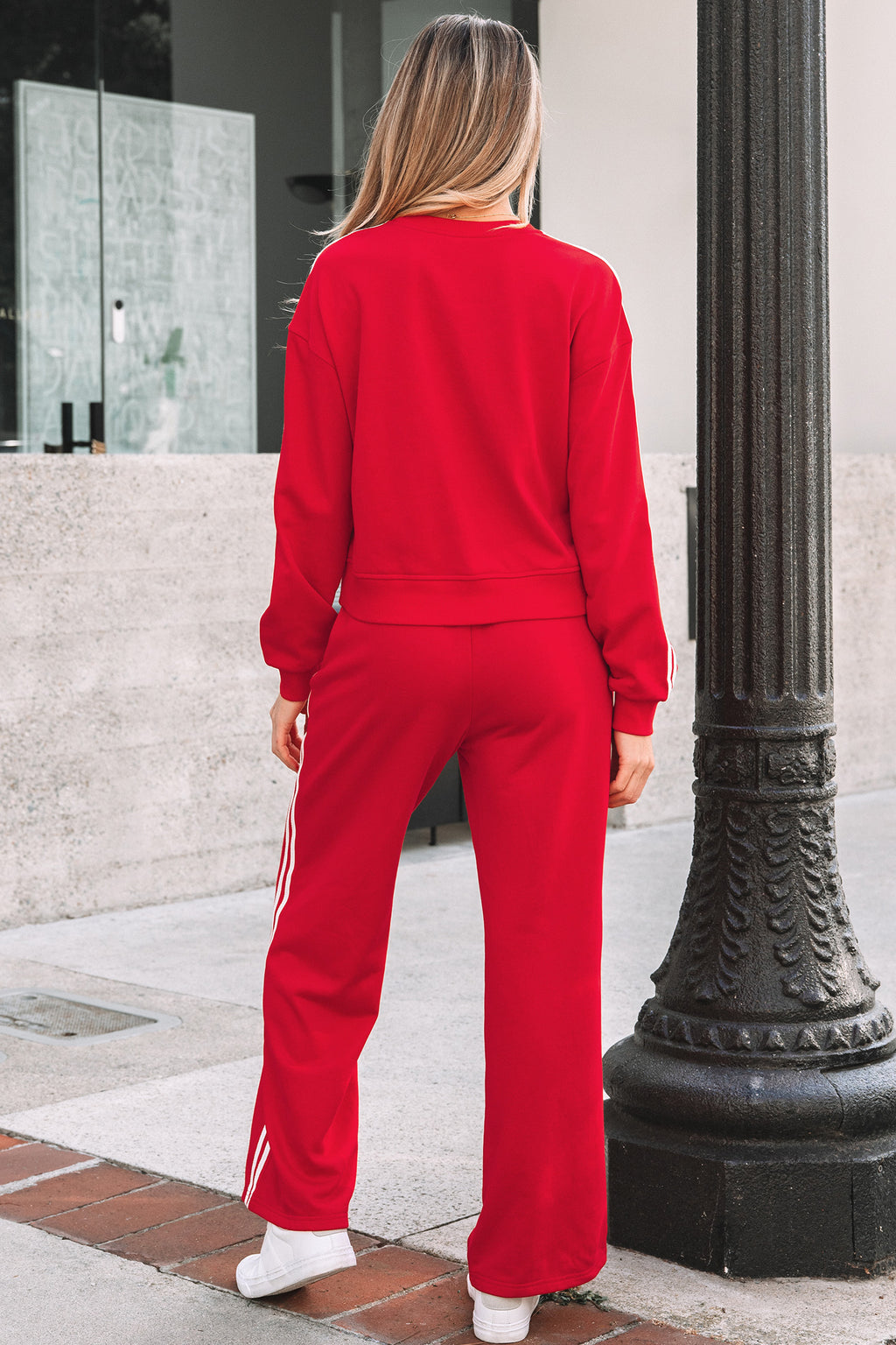 Fiery Red Varsity Striped Detail Crew-Neck Pullover Elastic Sweatpants Two-Piece Outfit