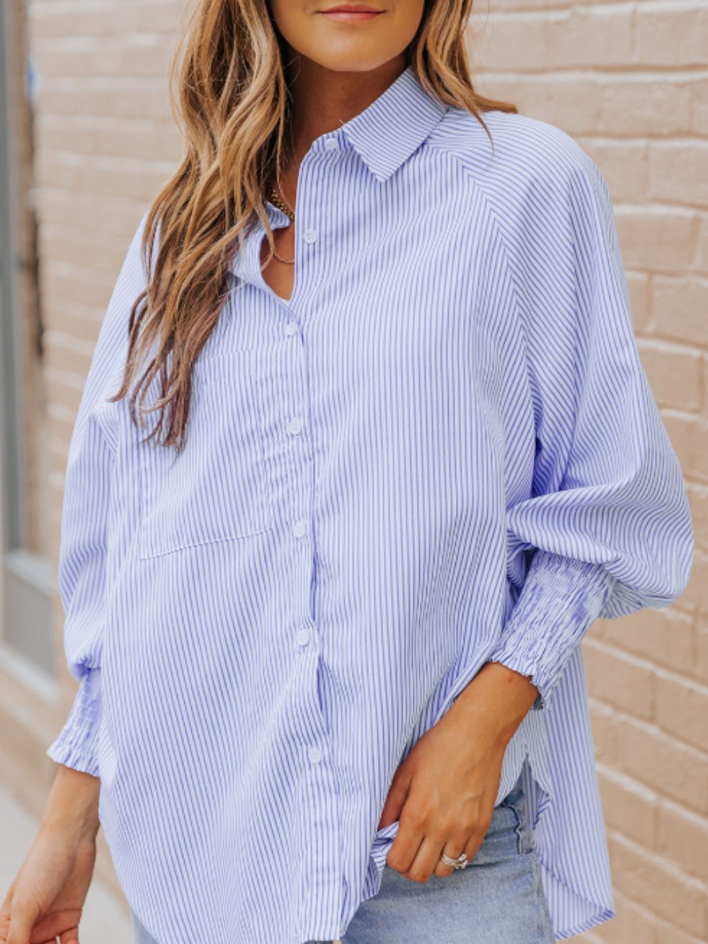 Hazel Blues® |  Striped Collared Neck Lantern Sleeve Shirt