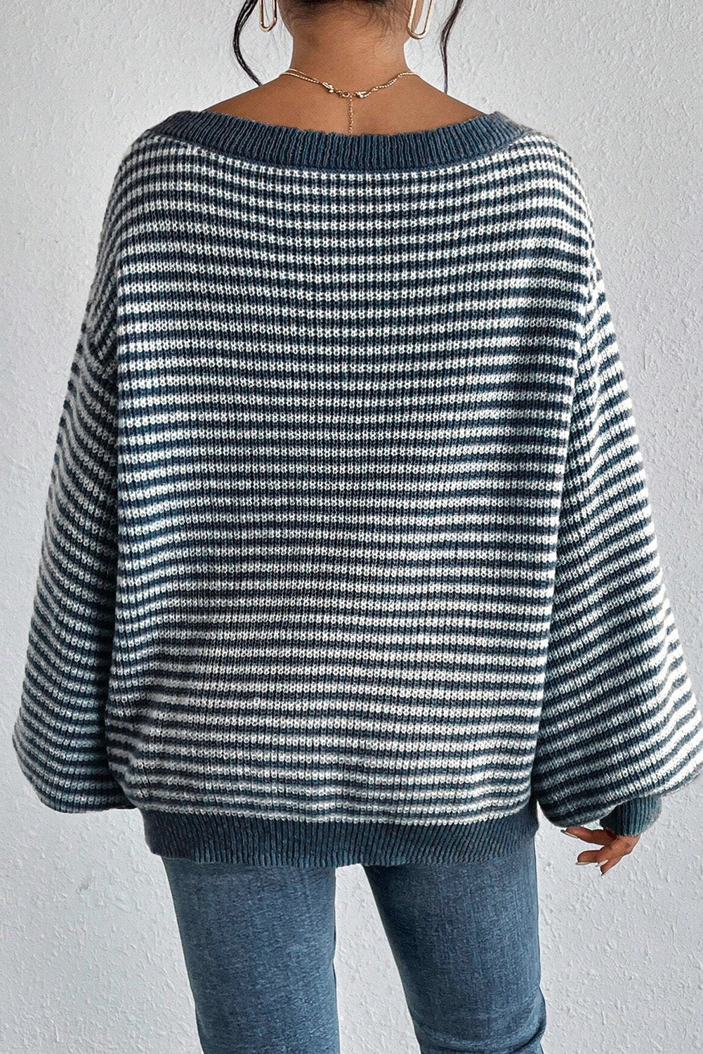 Olive Faith Sail Blue Striped Lantern Sleeve Drop Shoulder Cozy Sweater