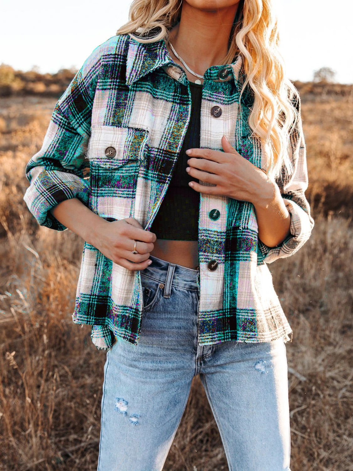 Hazel Blues® |  Pocketed Plaid Button Down Long Sleeve Shacket