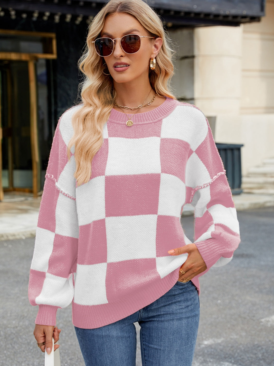 Hazel Blues® |  Checkered Round Neck Long Sleeve Sweater