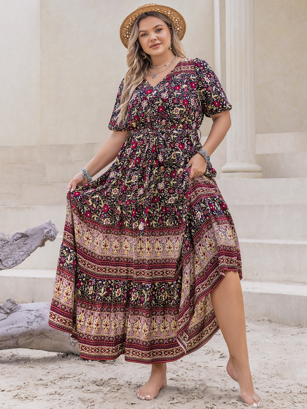 Hazel Blues® | Printed V-Neck Short Sleeve Maxi Dress