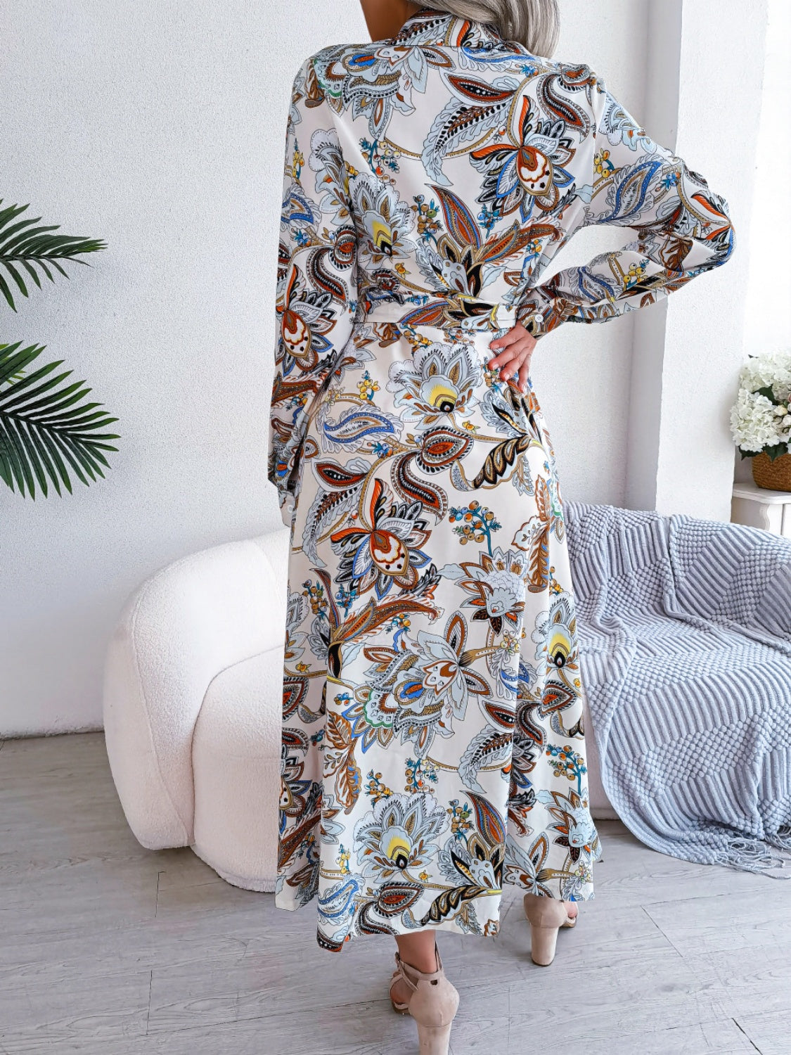 Hazel Blues® |  Tied Printed Long Sleeve Midi Dress