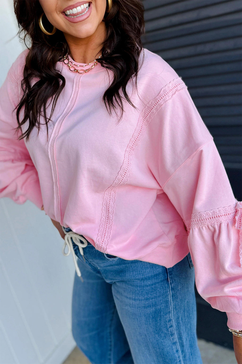 Maeve Wren Pink Raw Seam Lace Sweatshirt