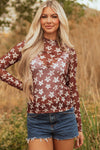 Hazel Blues® |  Red Mesh Star Print Mock Neck Sheath Long Sleeve Top