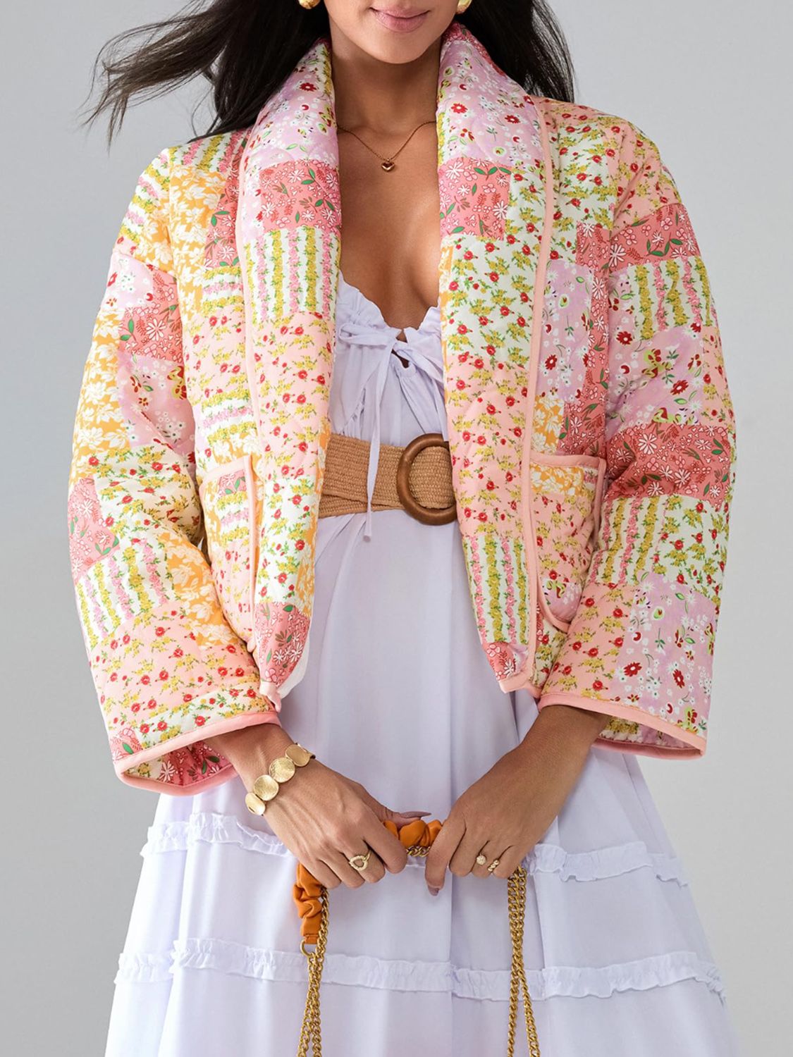 Printed Patchwork Open Front Cardigan with Pockets