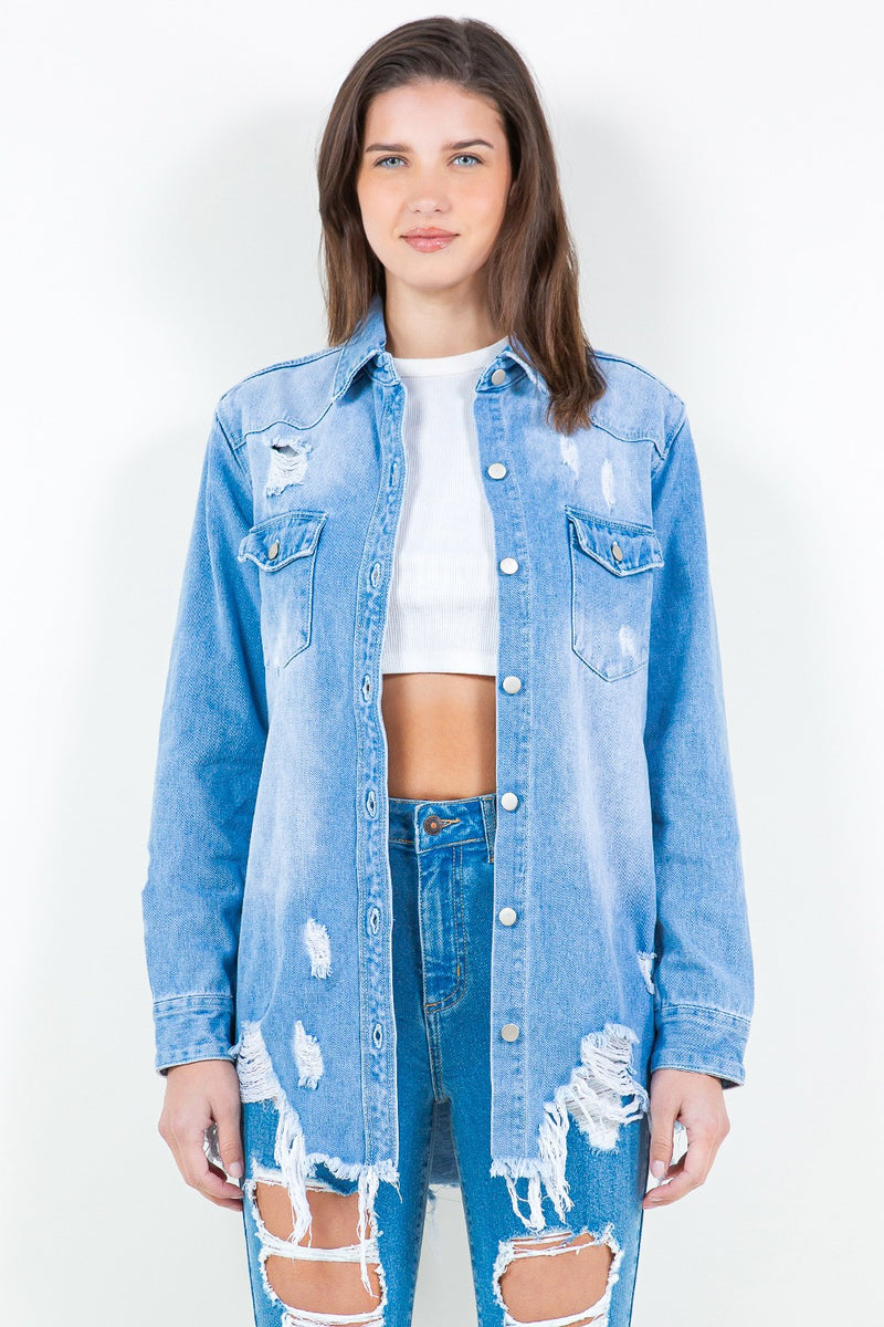 Hazel Blues® |  American Bazi Frayed Hem Distressed Denim Shirt Jacket