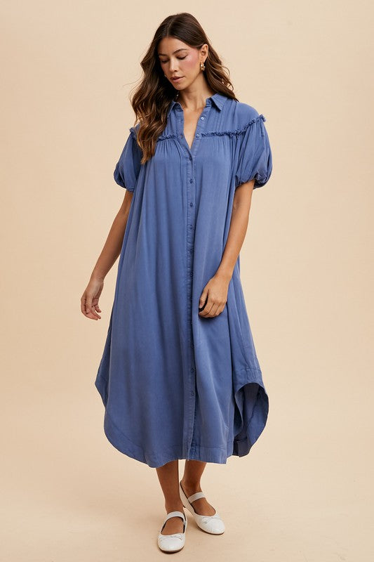 Hazel Blues® |  Annie Wear Mineral Washed Button Down Puff Sleeve Shirt Dress