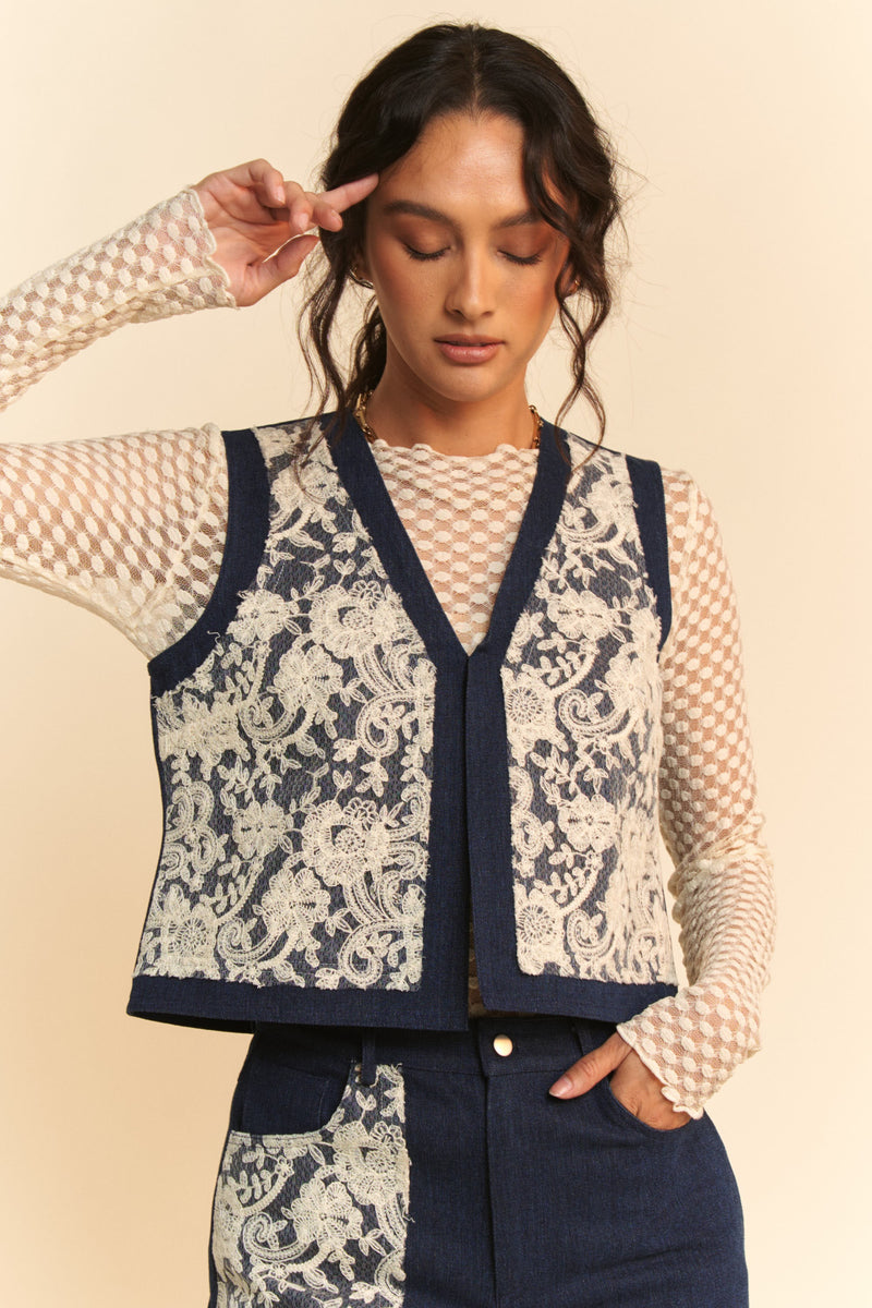 Hazel Blues® |  Davi & Dani Lace Patch Open Front Denim Vest