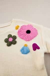 Hazel Blues® |  Crochet Flower Round Neck Dropped Shoulder Sweater