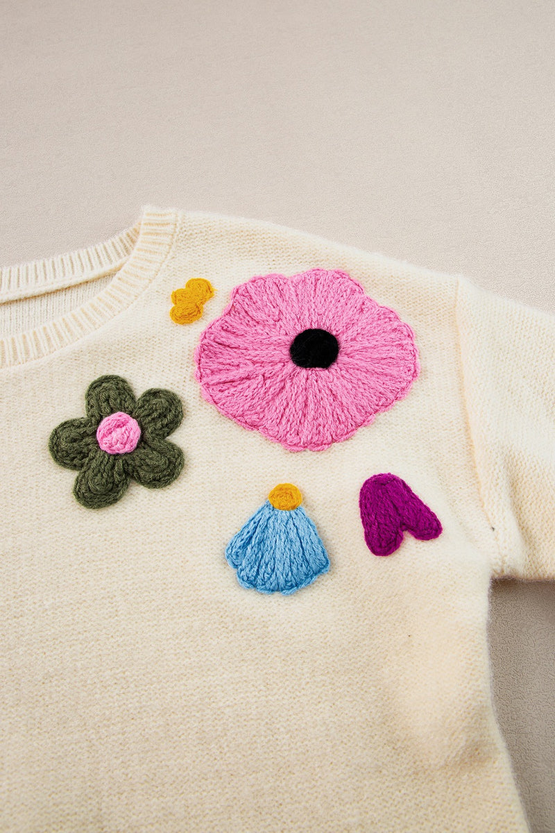 Hazel Blues® |  Crochet Flower Round Neck Dropped Shoulder Sweater