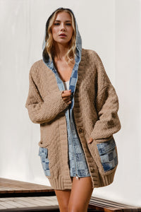 Hazel Blues® |  Double Take Hooded Denim Spliced Sweater Cardigan