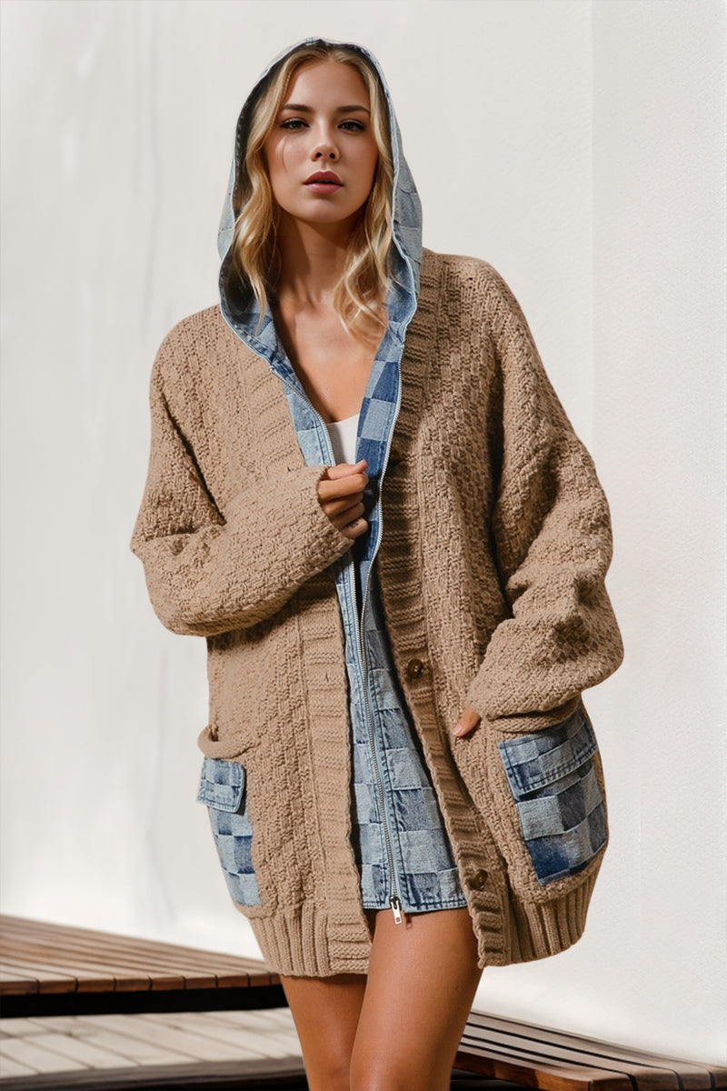 Hazel Blues® |  Double Take Hooded Denim Spliced Sweater Cardigan