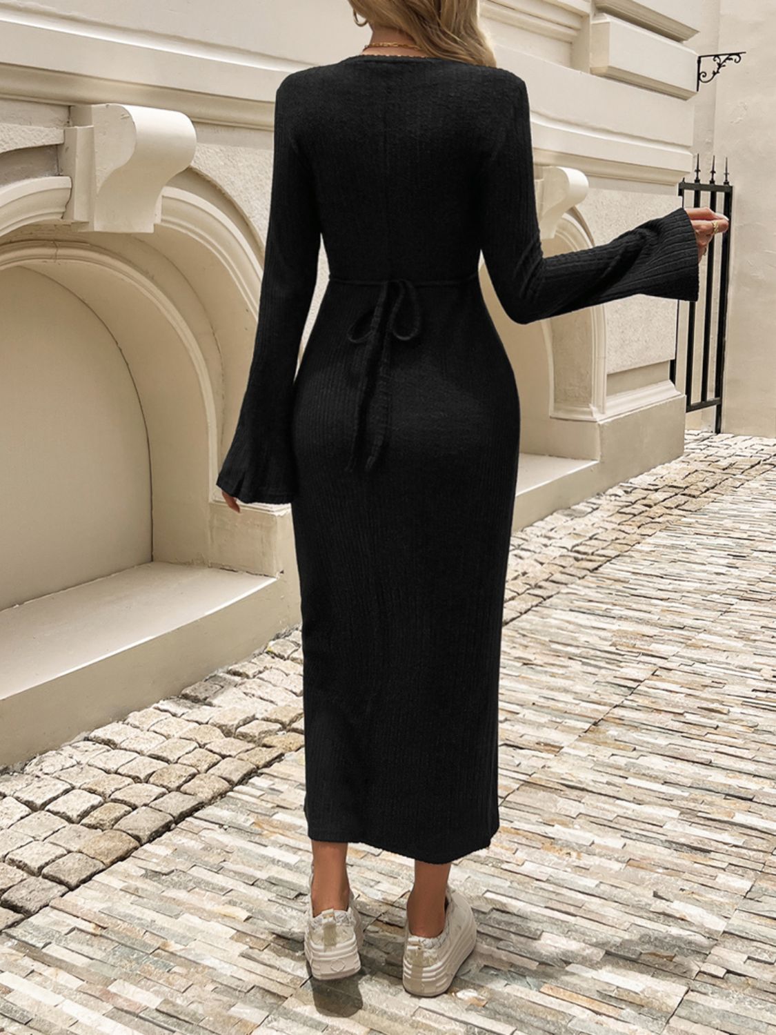 Hazel Blues® |  Devine Tied Round Neck Long Sleeve Midi Dress