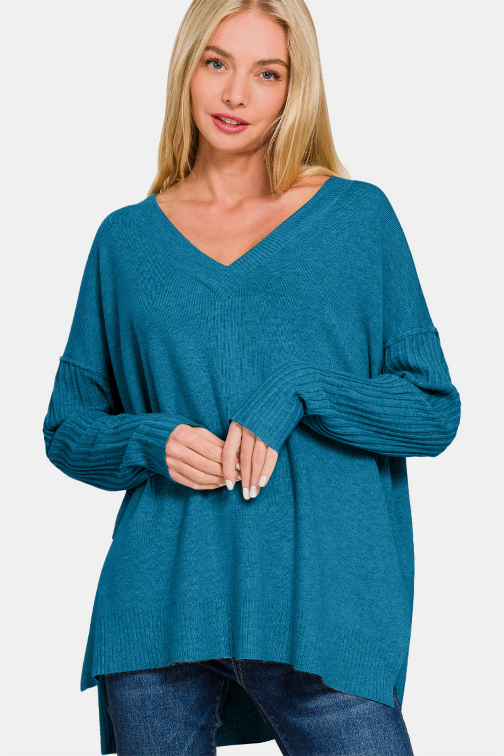 Hazel Blues® |  Zenana V-Neck Side Slit High-Low Sweater