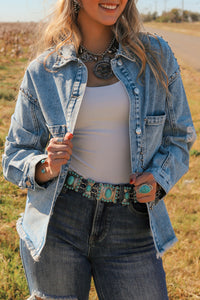 Hazel Blues® |  Studded Acid Wash Long Sleeve Denim Jacket