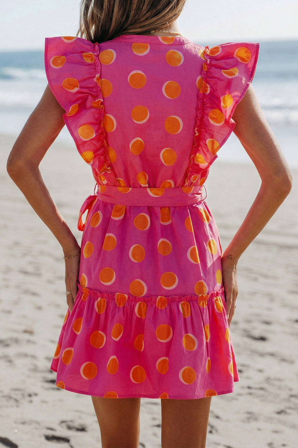 Double Polka Dot V-Neck Ruffled Short Sleeve Dress