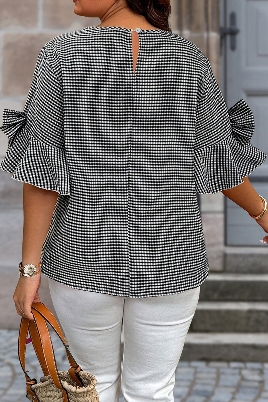 Black Plaid Bow Decor Bell-Sleeve Round-Neck Jumper