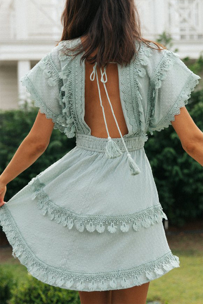 Hazel Blues® |  Lace Detail Plunge Short Sleeve Mini Dress