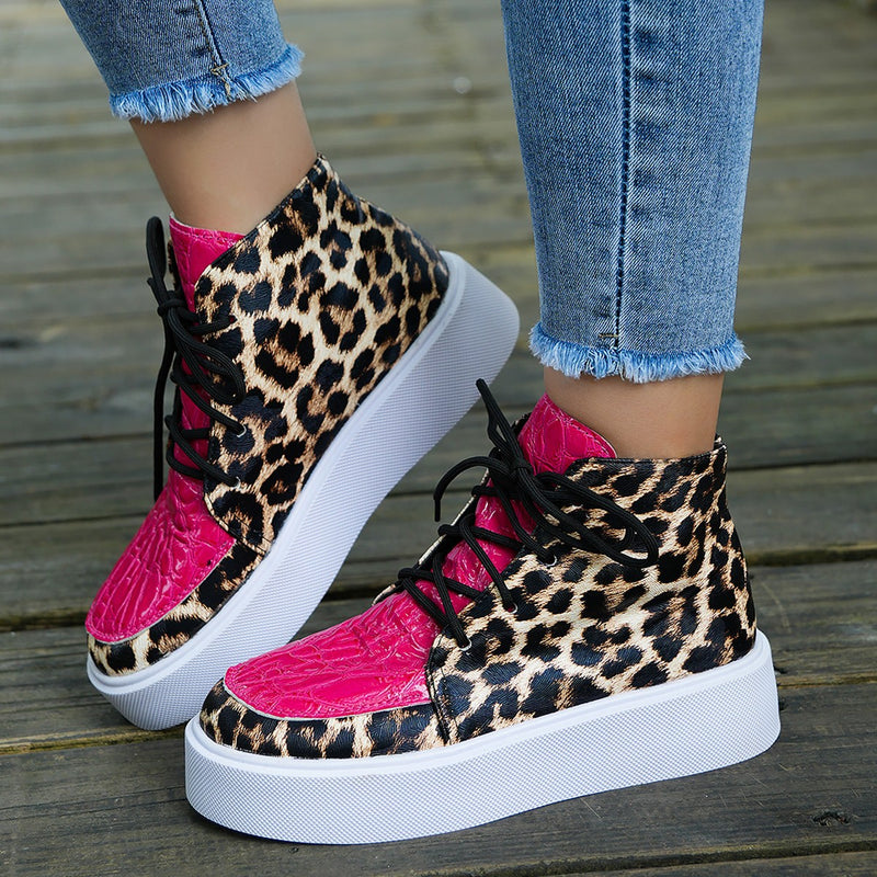 Hazel Blues® |  PU Leather Leopard Platform Sneakers