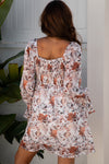 White Floral Print Sweetheart Neck Long Sleeve High Waist Mini Dress