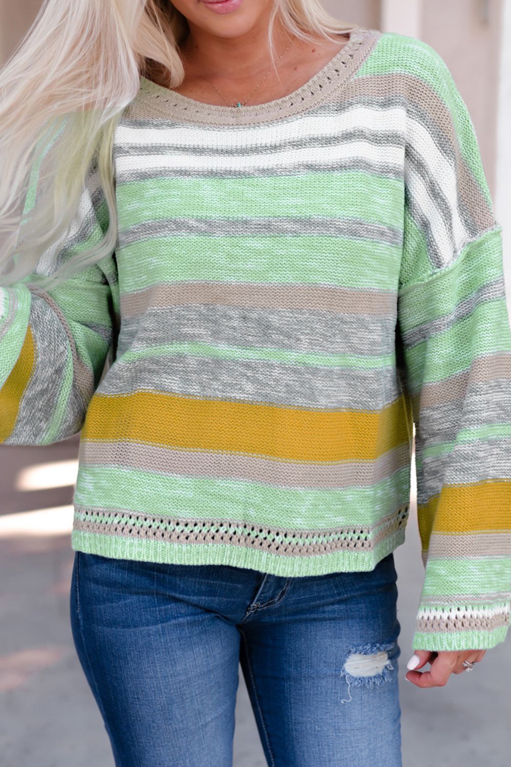 Hazel Blues® |  Contrast Striped Boat Neck Dropped Shoulder Sweater