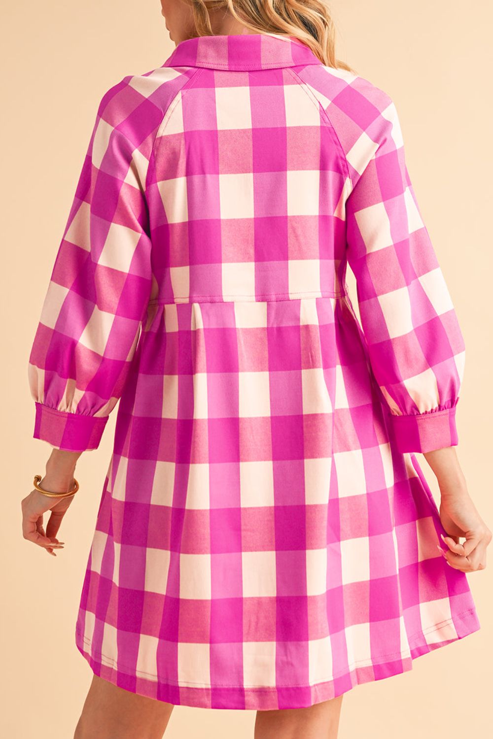 Hazel Blues® |  Ruched Plaid Three-Quarter Sleeve Shirt Dress