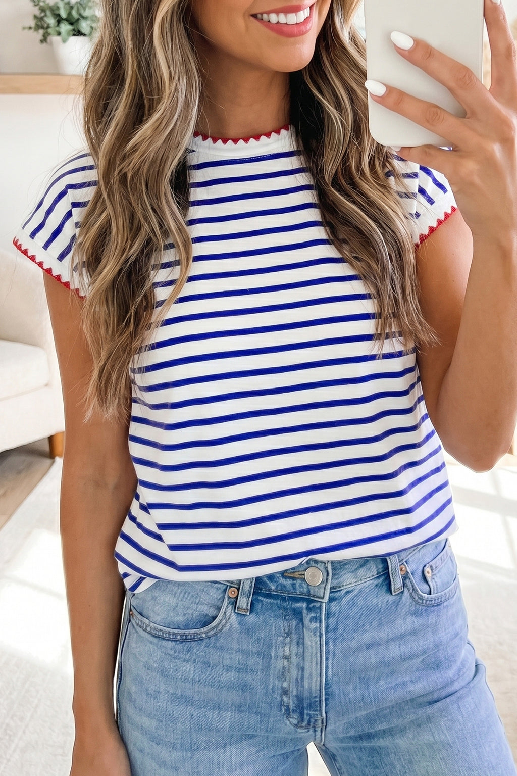 Round Neck Contrast Trim Cap Sleeve Tee | Round Neck Tee